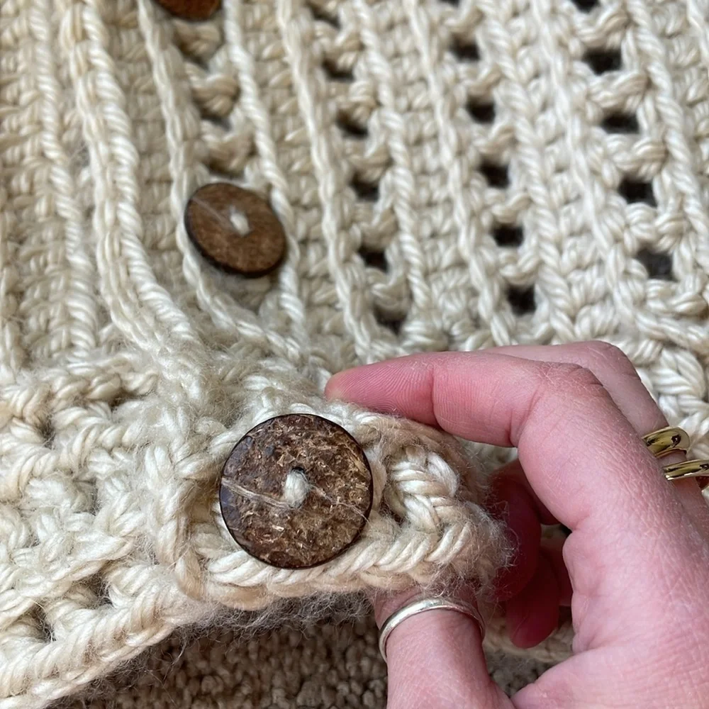 Chunky Knit Beige Cowl Scarf Three Button Hand Knit Boho Hygge Scandi Girl
